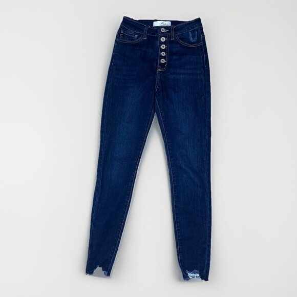 KanCan Denim - Kancan Jeans Women’s 25 Or 3 Dark Wash Distressed Raw Hem Skinny Button Fly